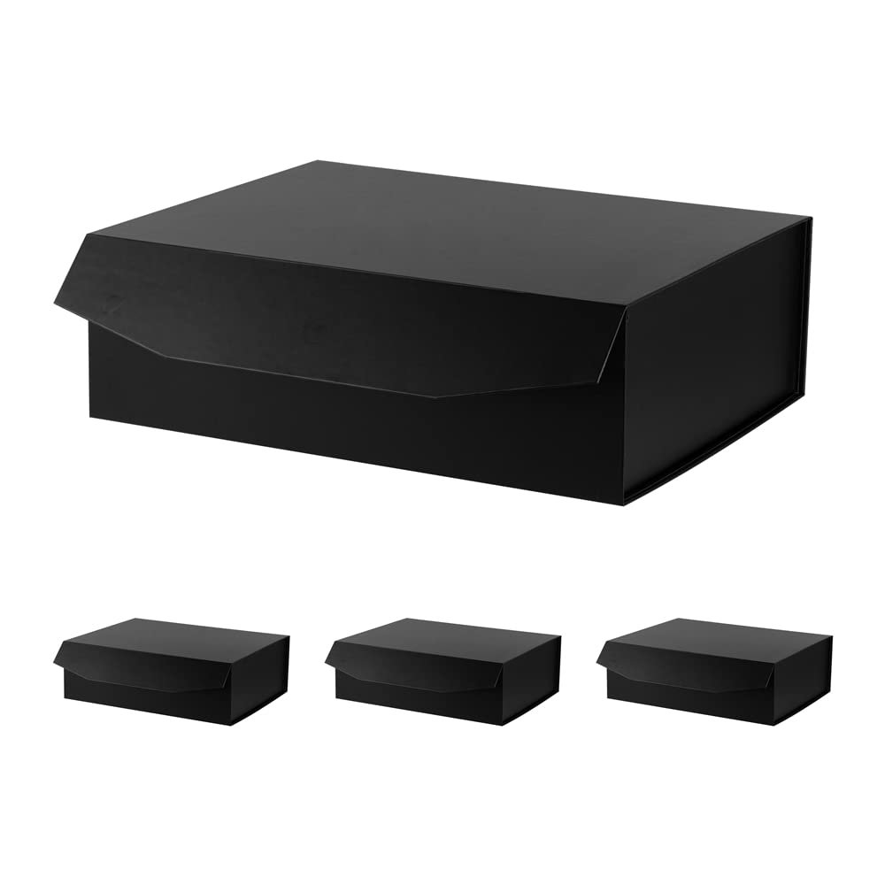 PACKGILO Black Extra Large Gift Box with Lid 4 Pcs 16.5 x 13 x 5.3 Inches, Gift Box large Black Gift Boxes for Presents Clothes Robe Wedding Dress Sweater,Reusable Foldable Bridesmaid Proposal BoxMatte