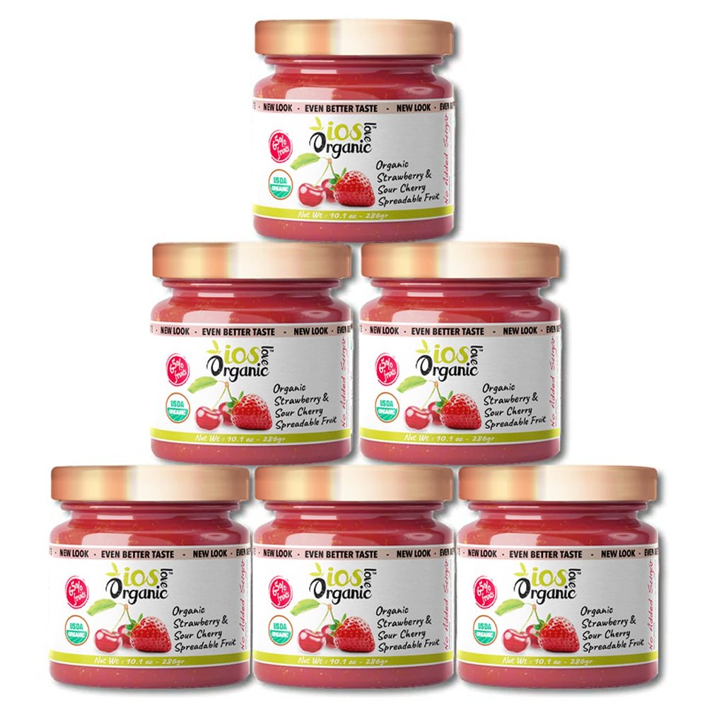 IOS Love Organic Spreadable Fruit - USDA Organic Certified - Non-GMO, Vegan, Gluten Free, Kosher, NO Added Sugar, Net. Wt. 10.1Oz (Strawberry & Sour Cherry, 10.1 Oz (Pack of 6))