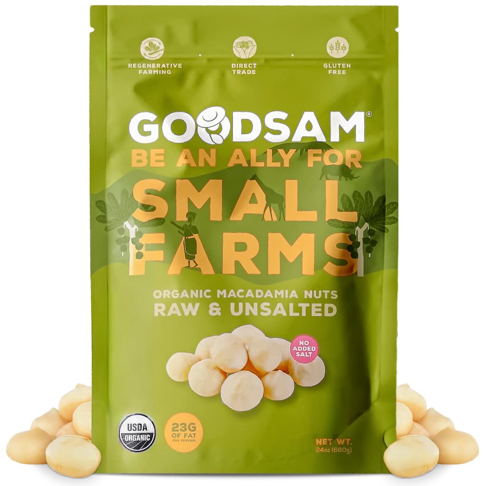 GoodSAM Organic Raw Macadamia Nuts Unsalted, Whole Nuts Buttery Creamy Flavor Sustainably Grown on Regenerative Family Farms High Fat Low Carb Keto Friendly Snacks - 1.5lb Pouch