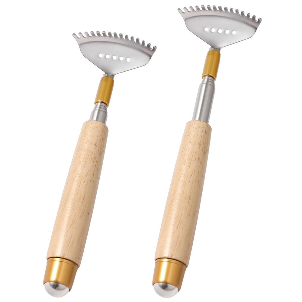 Aznrszy 2Pcs Back Scratchers, Metal Extendable BackScratchers for Adults Kids 2 Sizes Long 20 & 24 (Inches), Rake Claw/Wooden Handle/Massage Roller, Portable Head Body Scratcher Massagers
