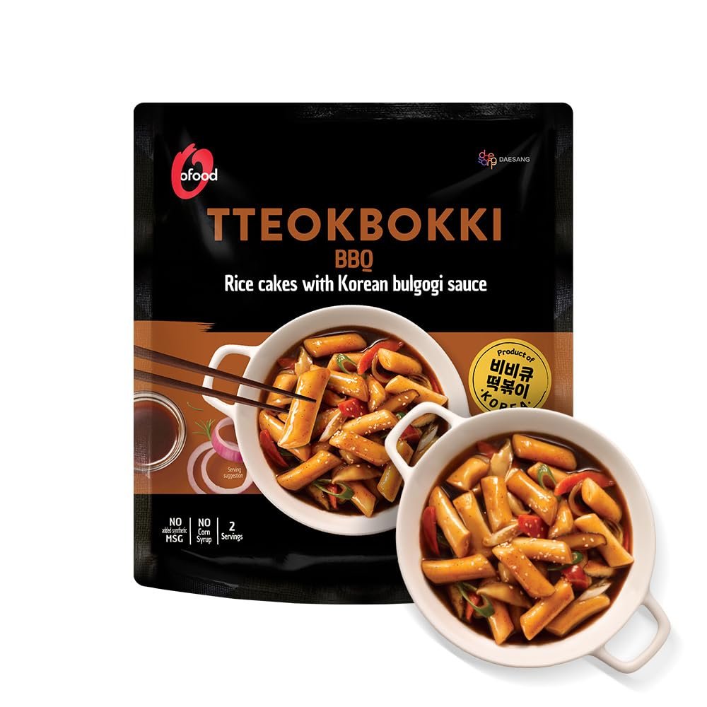 OFood Tteokbokki Korean Rice Cakes  [BBQ | Pack of 1]  Healthy/Savory/Bold/Fiery, 0 Cholesterol/ 0 Trans Fat/No MSG/No Corn Syrup, Spicy Street Snack, Ready in Minutes