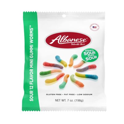 Albanese World's Best Sour 12 Flavor Mini Gummi Worms | 7oz Bag of Candy, Pack of 12 | 12 Unique Super Sour Flavors, Gluten Free, Fat Free, Soft & Chewy Worms | Perfect Travel Snack & Treat for Kids