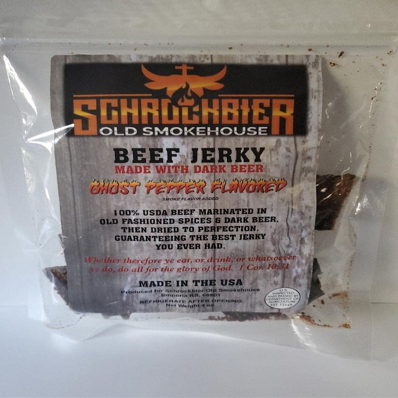 Ghost pepper BEEF jerky marinated in a porter beer with spices and smoked dried