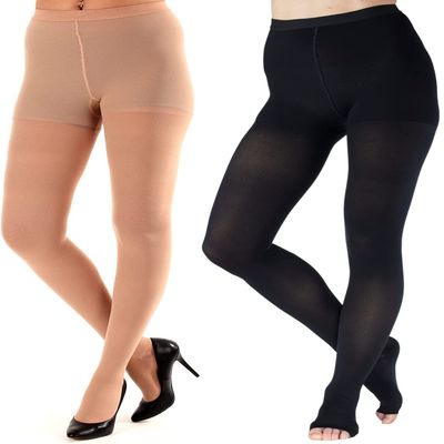 (4 Pairs) Opaque Compression Stockings Pantyhose Women 20-30mmHg for Circulation - Firm Graduated Support Hose for Ladies - Hi Waist Tights - Black & Beige, Small