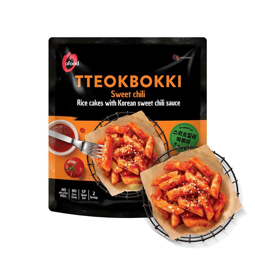 Tteokbokki Korean Rice Cakes  [Sweet Chili | Pack of 1]  Gluten Free | Ready in 3 Minutes | 0 Cholesterol/ 0 Trans Fat | 2 Servings Spicy Street Snack | Healthy/Savory/Spicy - Ofood