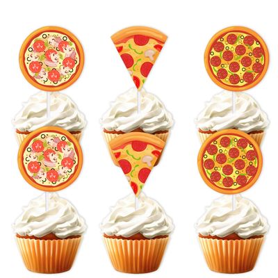 18pcs Gold Glitter Pizza Party Dessert Cupcake Topper Fast Food Theme Decor Supplies Baby Shower Boys Girls Happy Birthday Decorations