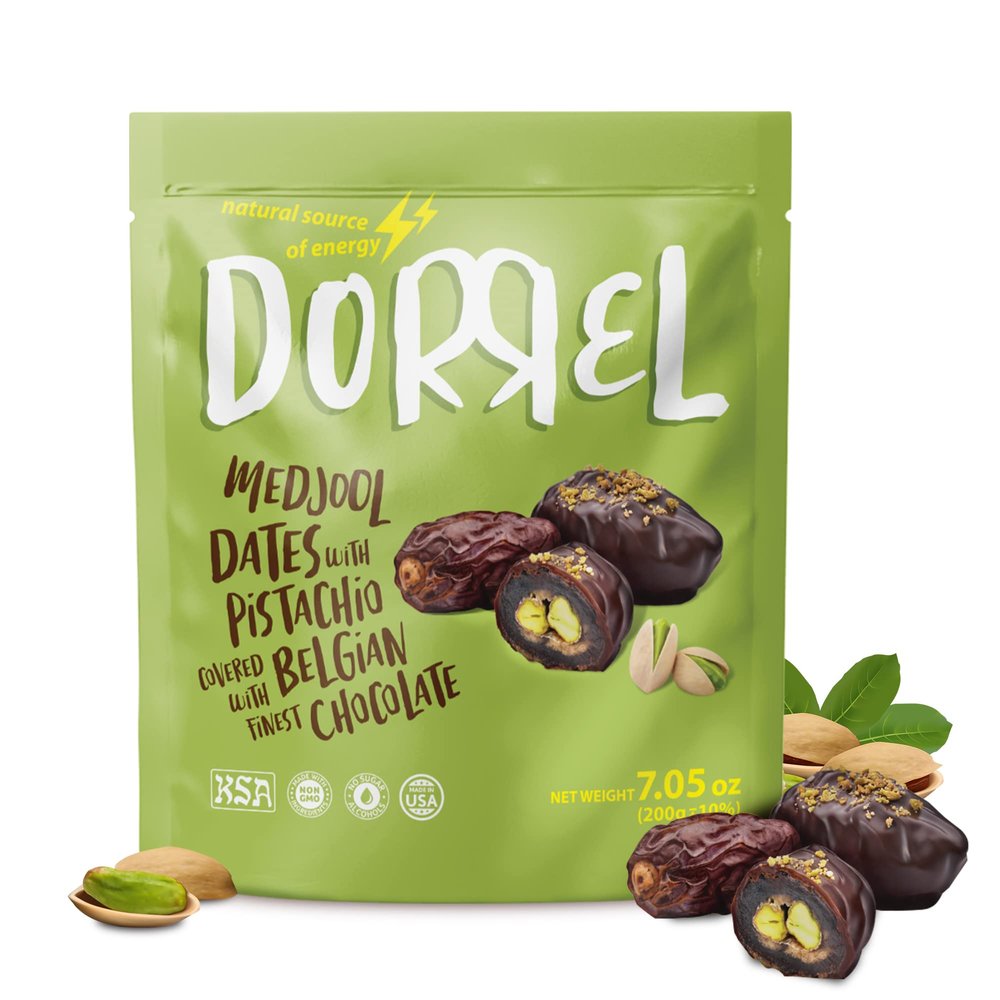 DORREL - Belgian Dark Chocolate Covered Dates (Medjool) with Pistachio Stuffing, High Energy Vegan Choco Snack, Delicious, Kosher & Non-GMO, Pack of 1 Stuffed Chocolate Dates, 7.05 oz / 200 g Ea