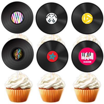 18pcs Black Glitter Dessert Cupcake Topper Retro 50s 60s CD Theme Theme Decor Supplies Happy Birthday Rock Roll Music Party Decorations