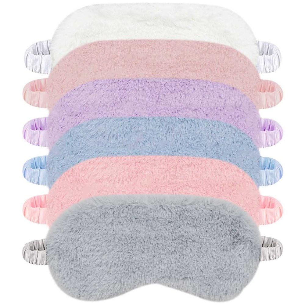 6 Pieces Plush Eye Mask Soft Fluffy Furry Sleeping Blindfold Comfortable Satin Back New Faux Fur Nap Eye Cover Light Sleep Eye Masks for Girls Women Kid Adult Party Eyeshade Favors (6 Colors)