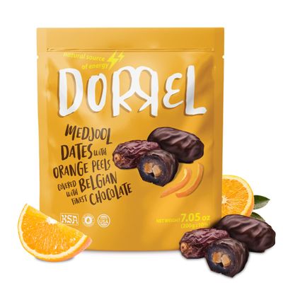 DORREL - Belgian Dark Chocolate Covered Dates (Medjool) with Candied Orange Peels Stuffing, High Energy Vegan Choco Snack, Tasty, Kosher & Non-GMO, Pack of 1 Stuffed Chocolate Dates 7.05 oz / 200 g Ea