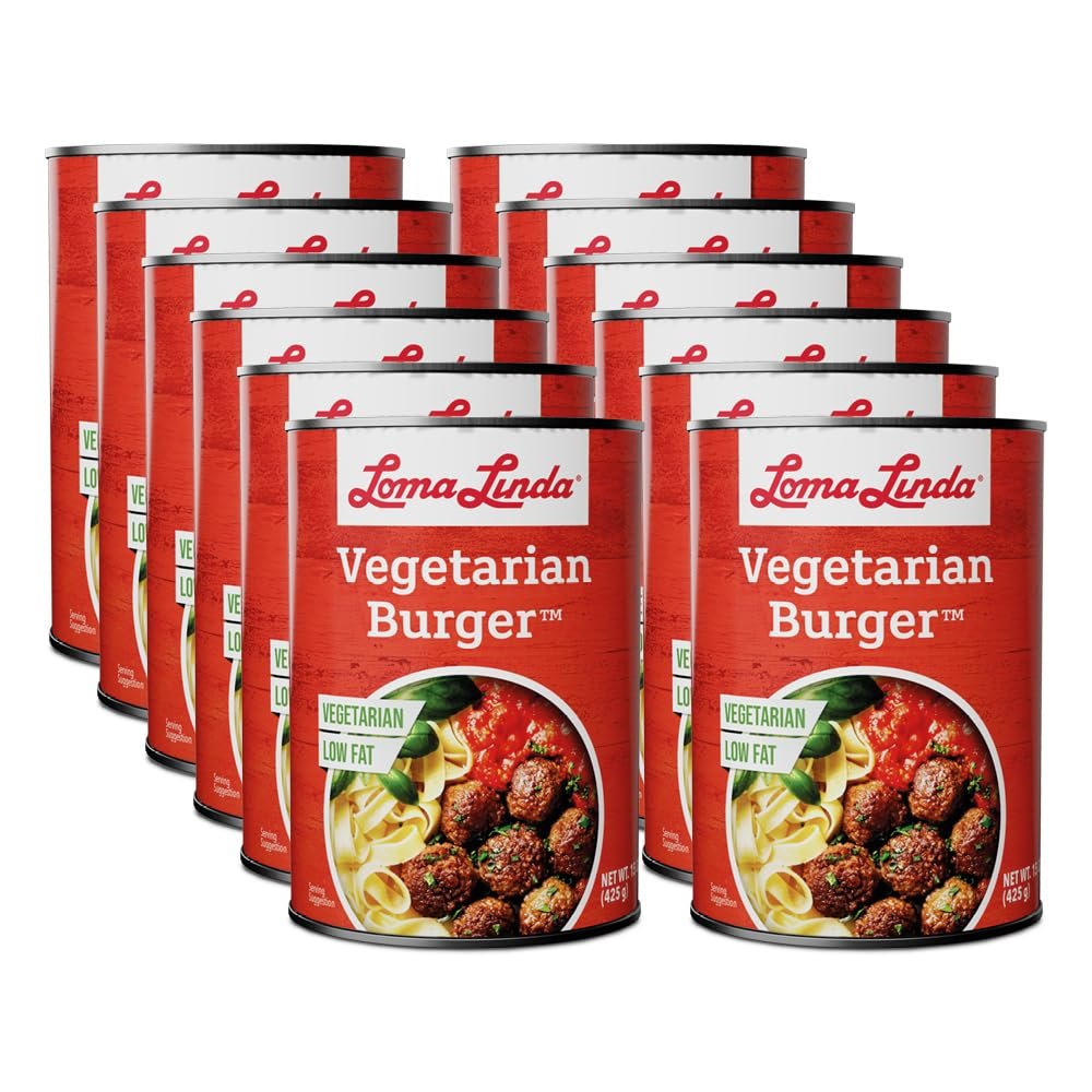 Vegetarian Burger Patties Plant Based - Loma Linda Vegetarian Burger, 15 oz Cans (12 Pack), Meatless Protein Alternative, Non-GMO Soy Burgers for Grilling, High Protein Meat Substitute