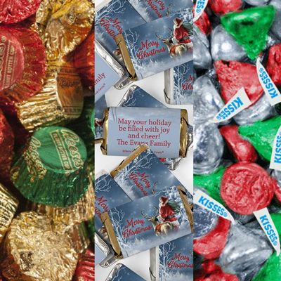 200pcs Custom Christmas Candy Party Favors Chocolate Kit, (Custom Wrapped Miniatures, Kisses, Peanut Butter Cups) - Starry Night Santa