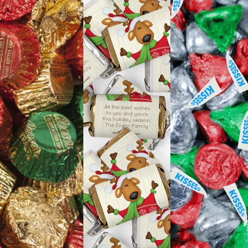 200pcs Custom Christmas Candy Party Favors Chocolate Kit, (Custom Wrapped Miniatures, Kisses, Peanut Butter Cups) - Reindeer