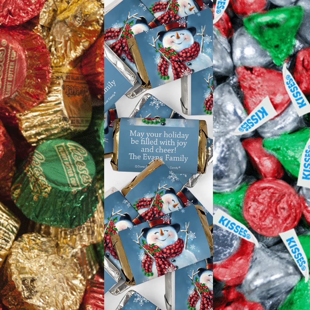 200pcs Personalized Christmas Candy Party Favors Chocolate Kit, (Custom Wrapped Miniatures, Kisses, Peanut Butter Cups) - Snowman