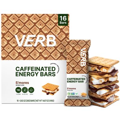 Verb Caffeinated Energy Bars S'mores (26g, Pack of 16) 110-Calorie Delicious Low Sugar Energy Bar - Vegan Gluten Free On-the Go Snack with 80mg Green Tea Caffeine, Only Real-Food Ingredients