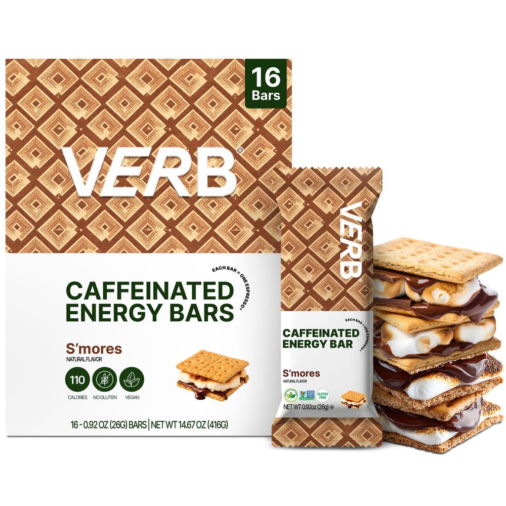 Verb Caffeinated Energy Bars S'mores (26g, Pack of 16) 110-Calorie Delicious Low Sugar Energy Bar - Vegan Gluten Free On-the Go Snack with 80mg Green Tea Caffeine, Only Real-Food Ingredients