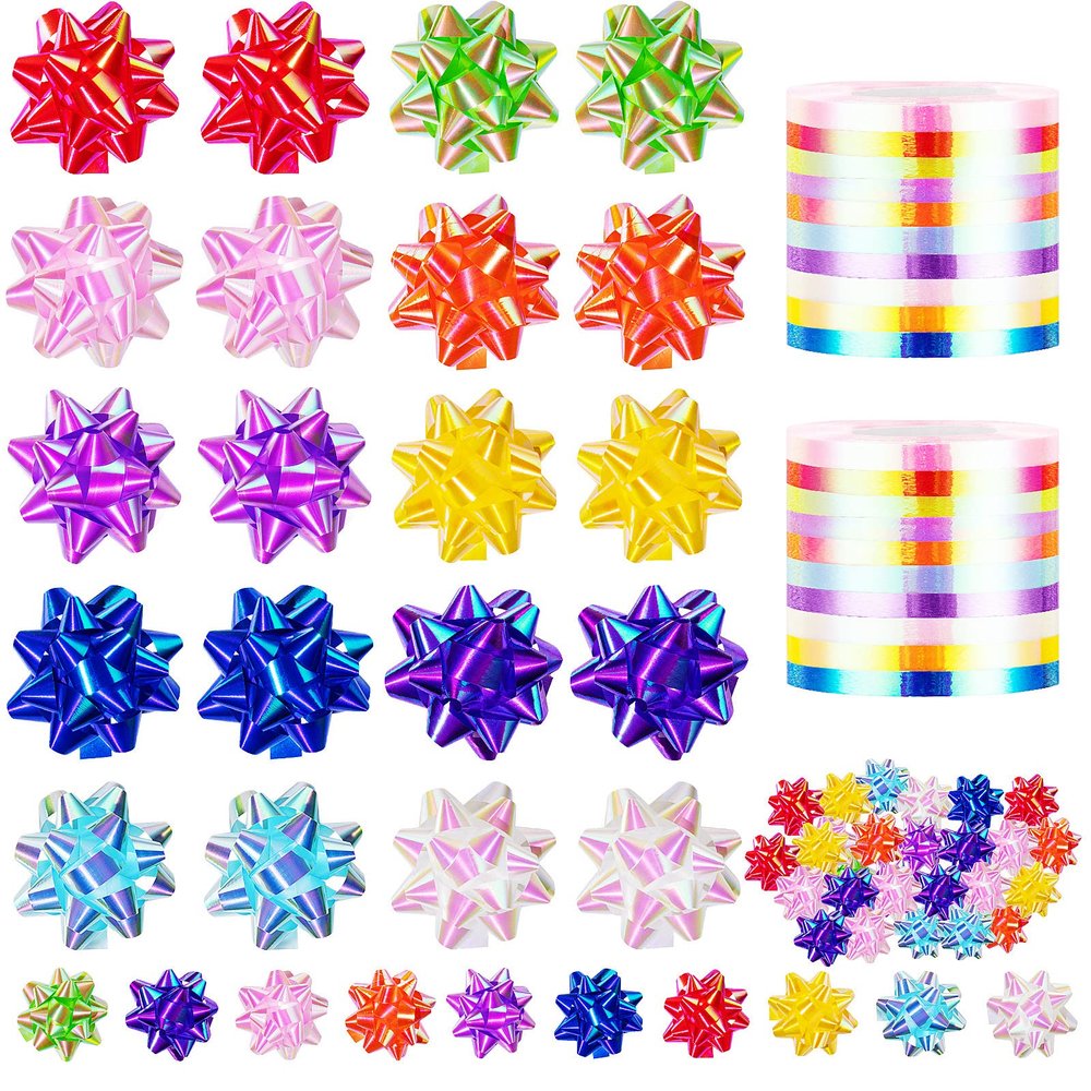 100 Pcs Bright Bows and Ribbon Assortments - Shiny Bows for Gift Wrapping, Curling Ribbon for Christmas, Hanukkah, Birthdays, Weddings, Bridal Showers, Baby Showers (Rainbow Mix 100 Pcs Set)