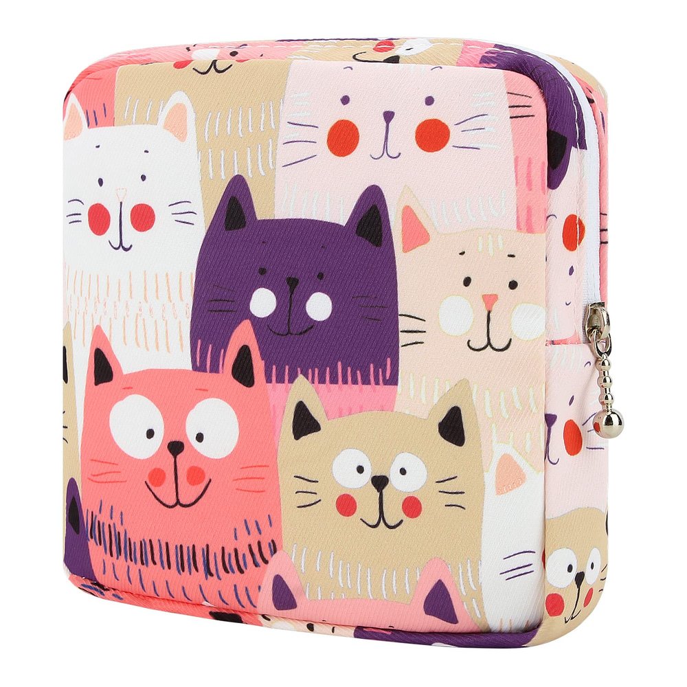 Desing Wish Sanitary Pad Storage Bag Portable Period Bag for Teen Pads/Sanitary Napkins/Small Tampons, Sanitary Napkin Storage Bag First Period Gifts for Teen Girls (Cat)