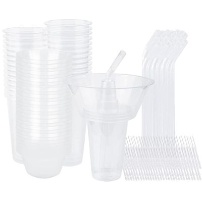 Potomac Collection Snack and Drink Cup, 30 Sets Disposable Plastic Cup with Snack Bowl on Top Includes 30 Cups, 30 Bowls, 30 Straws, 60 Forks for Party, Stadium, Patron and Movie Night