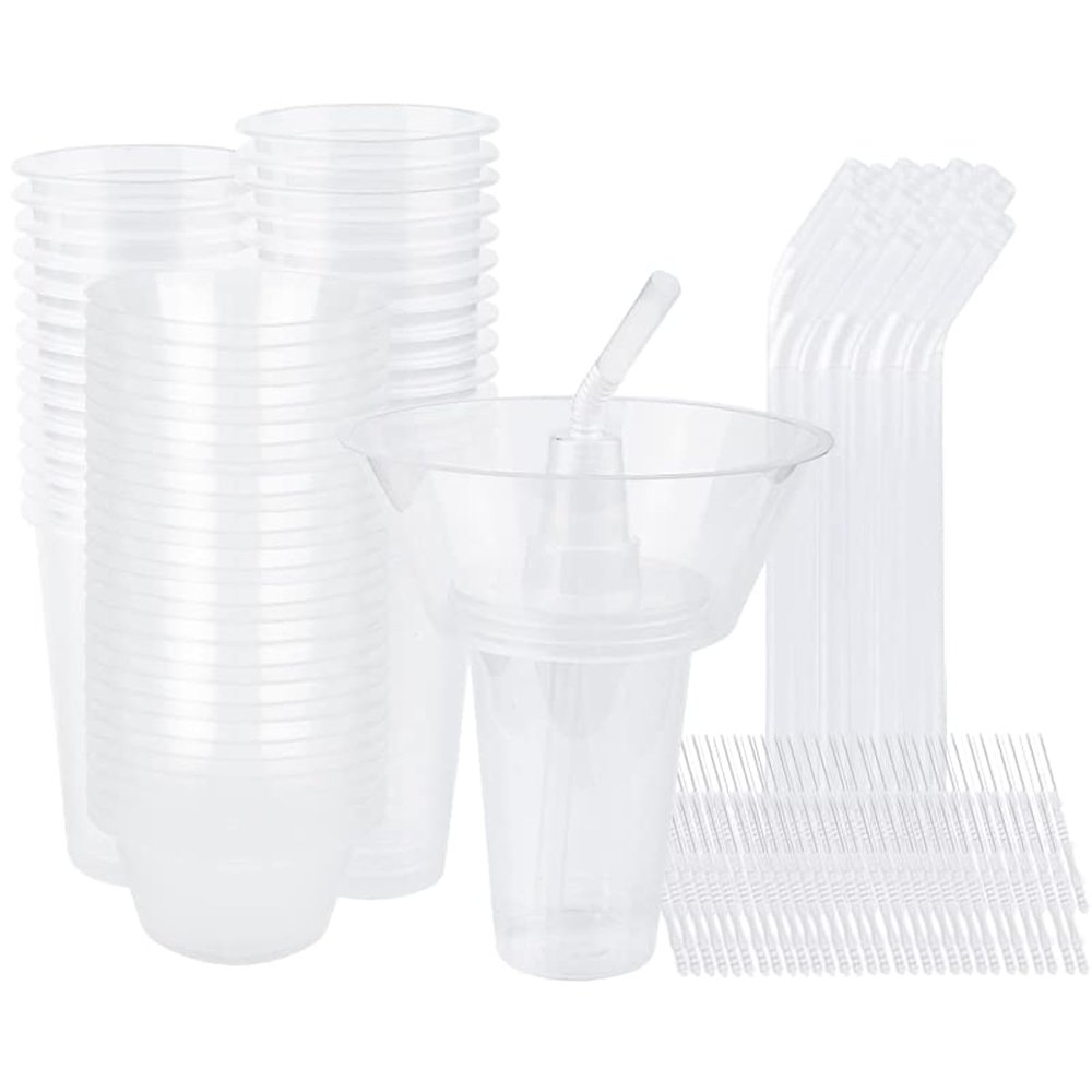 Potomac Collection Snack and Drink Cup, 30 Sets Disposable Plastic Cup with Snack Bowl on Top Includes 30 Cups, 30 Bowls, 30 Straws, 60 Forks for Party, Stadium, Patron and Movie Night