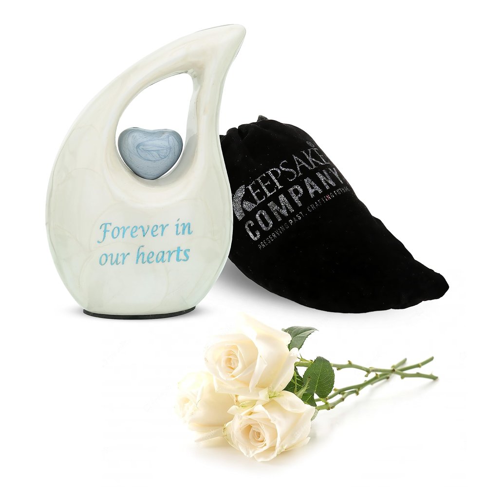 KEEPSAKE COMPANY White Teardrop Small Urns for Human Ashes/Mini Urn with Sky Blue Heart/Cremation Keepsakes for Ashes/Ash Holders (White - Sky Blue, Extra Small - EXS (3 Cu in))