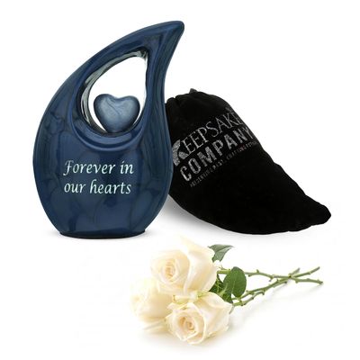 KEEPSAKE COMPANY White Teardrop Small Urns for Human Ashes/Mini Urn with Sky Blue Heart/Cremation Keepsakes for Ashes/Ash Holders (Blue - Sky Blue, Extra Small - EXS (3 Cu in))