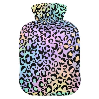 Colorful Leopard Hot Water Bottle Premium Rubber Cute Animals Spots Winter Hot Water Bags with Soft Velvet Cover 1 Liter