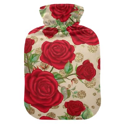 Red Rose Flowers Hot Water Bottle Premium Rubber Green Leaves Golden Polka Dot Winter Hot Water Bags with Soft Velvet Cover 2 Liter