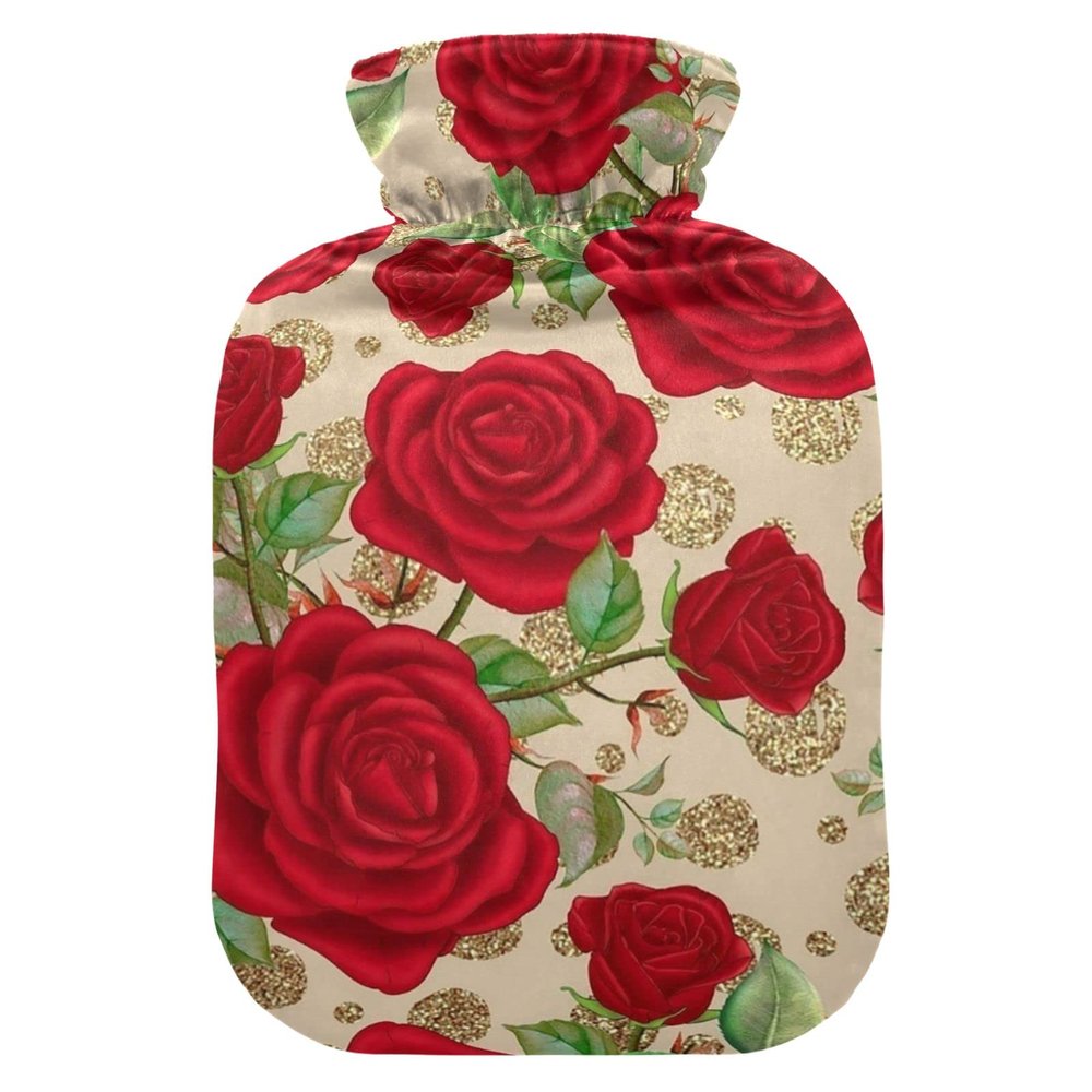 Red Rose Flowers Hot Water Bottle Premium Rubber Green Leaves Golden Polka Dot Winter Hot Water Bags with Soft Velvet Cover 2 Liter