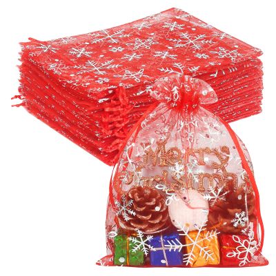 HRX Package 100pcs Snowflake Organza Bags Christmas 5x7 inch, Red Drawstring Mesh Gift Pouches for Jewelry Candy Party Favor