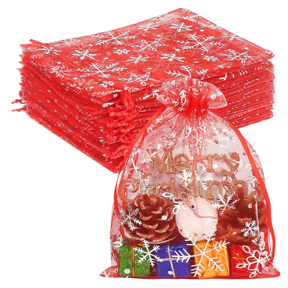 HRX Package 100pcs Snowflake Organza Bags Christmas 5x7 inch, Red Drawstring Mesh Gift Pouches for Jewelry Candy Party Favor
