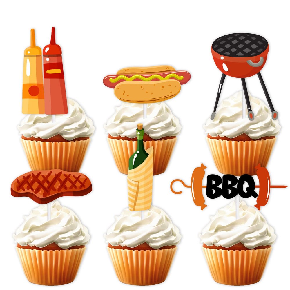 18pcs Gold Glitter Dessert Cupcake Topper Cooking Outdoor BBQ Kebabs Theme Decor Supplies Baby Shower Boy Girl Happy Birthday Summer Party Decorations