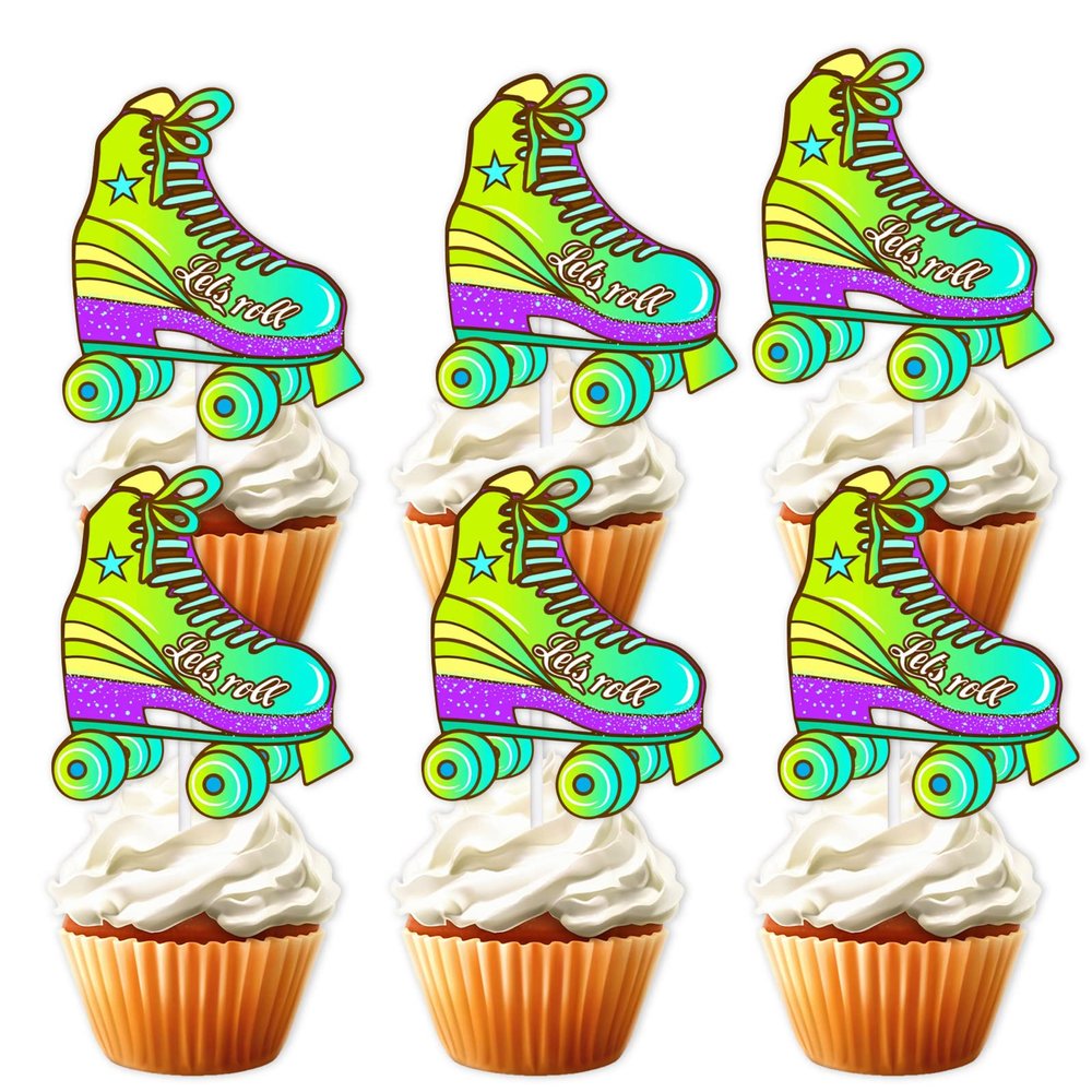18pcs Green Glitter Roller Skates Dessert Cupcake Topper Boy Girl Happy Birthday Party Decorations 80s 90s Retro Hip Hop Roller Skating Theme Decor Supplies