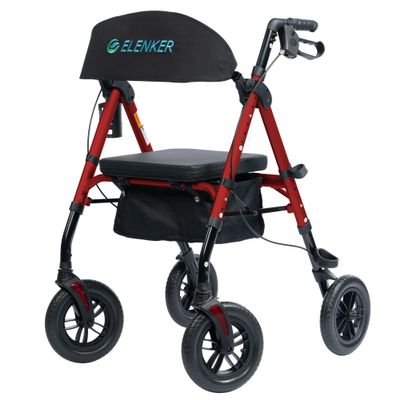ELENKER All-Terrain Rollator Walker with 10 Non-Pneumatic Wheels, Sponge Padded Seat and Backrest, Fully Adjustment Frame for Seniors, Red