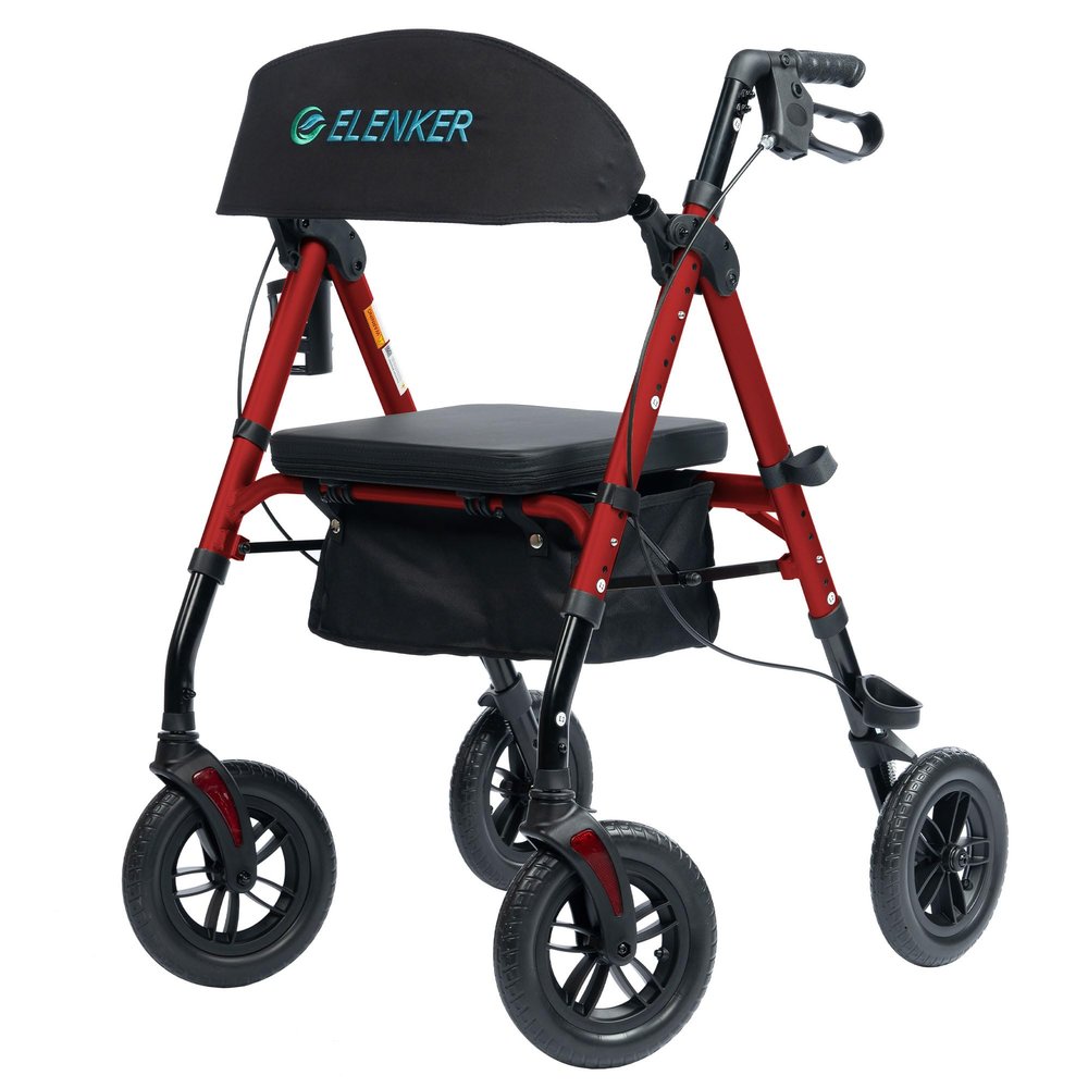ELENKER All-Terrain Rollator Walker with 10 Non-Pneumatic Wheels, Sponge Padded Seat and Backrest, Fully Adjustment Frame for Seniors, Red