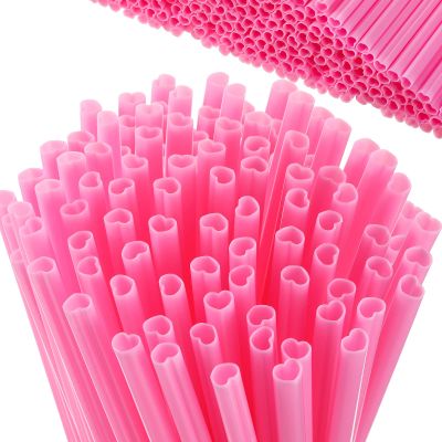 Zubebe 500 Pcs Valentine Heart Shaped Straws Cute Anti Wrinkle Disposable Drinking Plastic Straw for Birthday Bridal Shower Drinking Wedding Party Supplies (Pink)