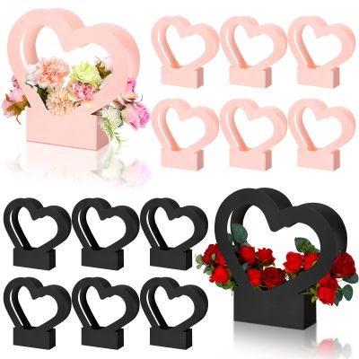 Sinmoe 12 Pcs Valentines Heart Shaped Boxes for Flowers Valentines Flower Gift Bag Wedding Empty Bouquet Gift Bags with Handle Folding Basket for Bridal Baby Shower Party Supply(Black, Pink)