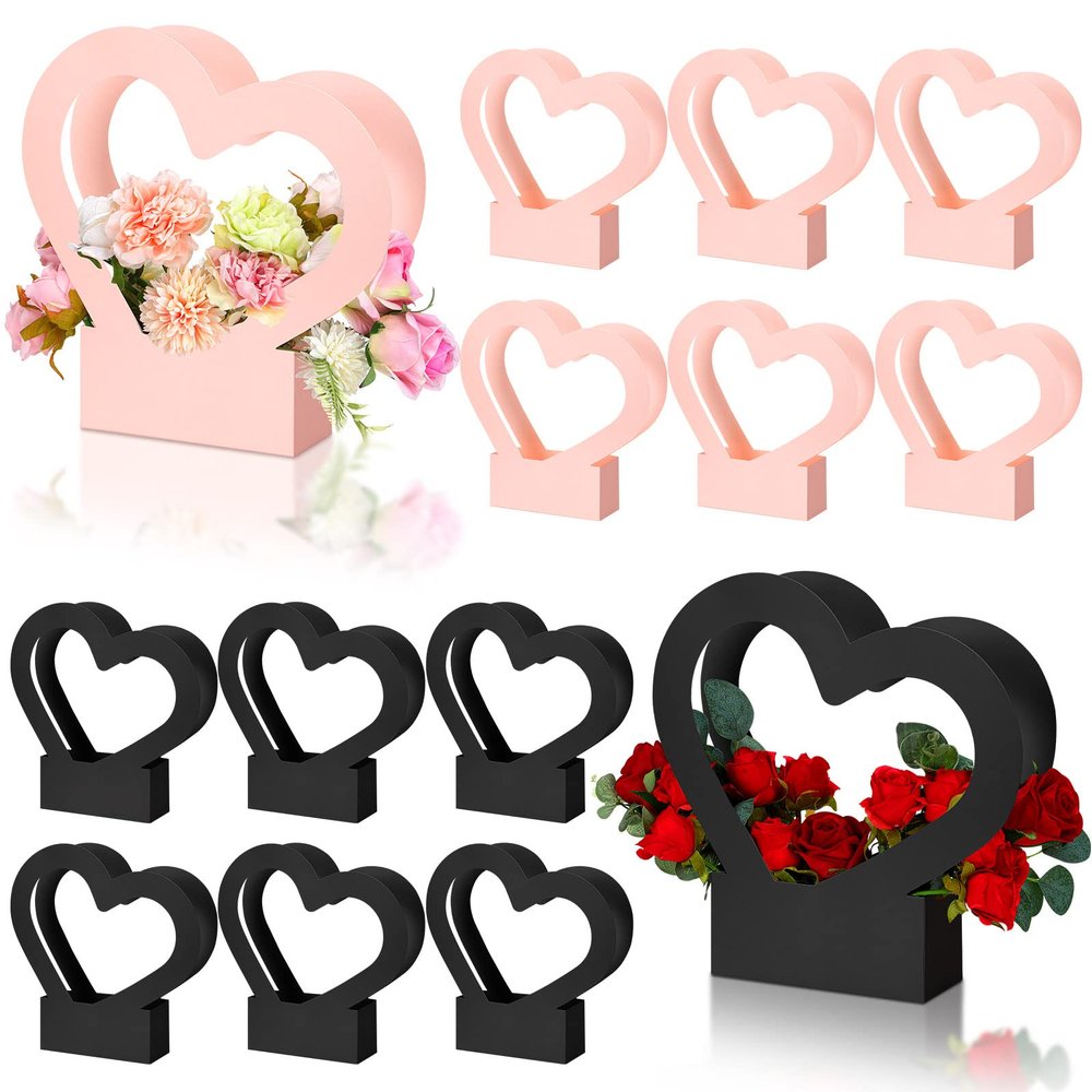 Sinmoe 12 Pcs Valentines Heart Shaped Boxes for Flowers Valentines Flower Gift Bag Wedding Empty Bouquet Gift Bags with Handle Folding Basket for Bridal Baby Shower Party Supply(Black, Pink)