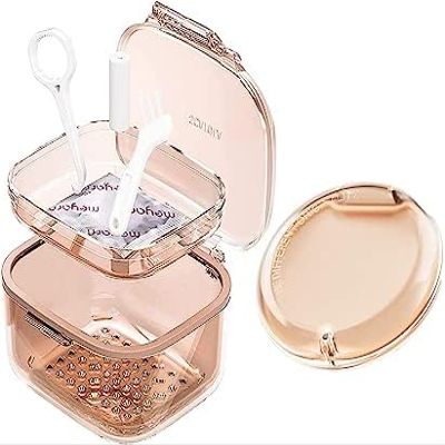 Retainer Case, Retainer Cleaner Case 2 Pack, Portable Denture Cases and Unique Denture Bath with Drain Tray, Denture Bridges, Partial Dentures, Traditional Braces, Etc. (Orange)