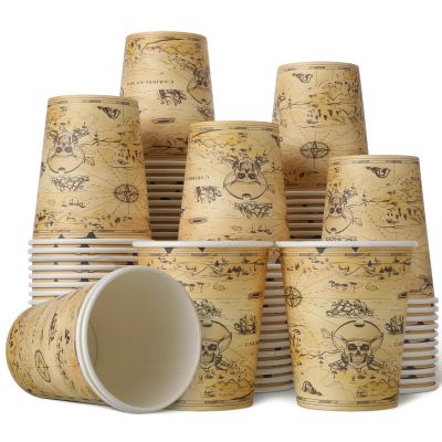 Funtery 100 Pcs Paper Drinking Cups, 9 oz Party Favor Supplies Decorations Disposable Drinking Cups for Western Theme Birthday Party Drinks Holidays Dinner(Retro Pirate)