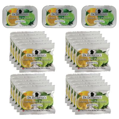 DOOLITTLE Dr Sugar Free Soft Fruit Pastilles for Voice and Throat, Lemon Lime Flavor, Multipack of 2.12 Ounce Tin, 3 Pack and .33 Ounce Travel Size Bag, 20 Pack