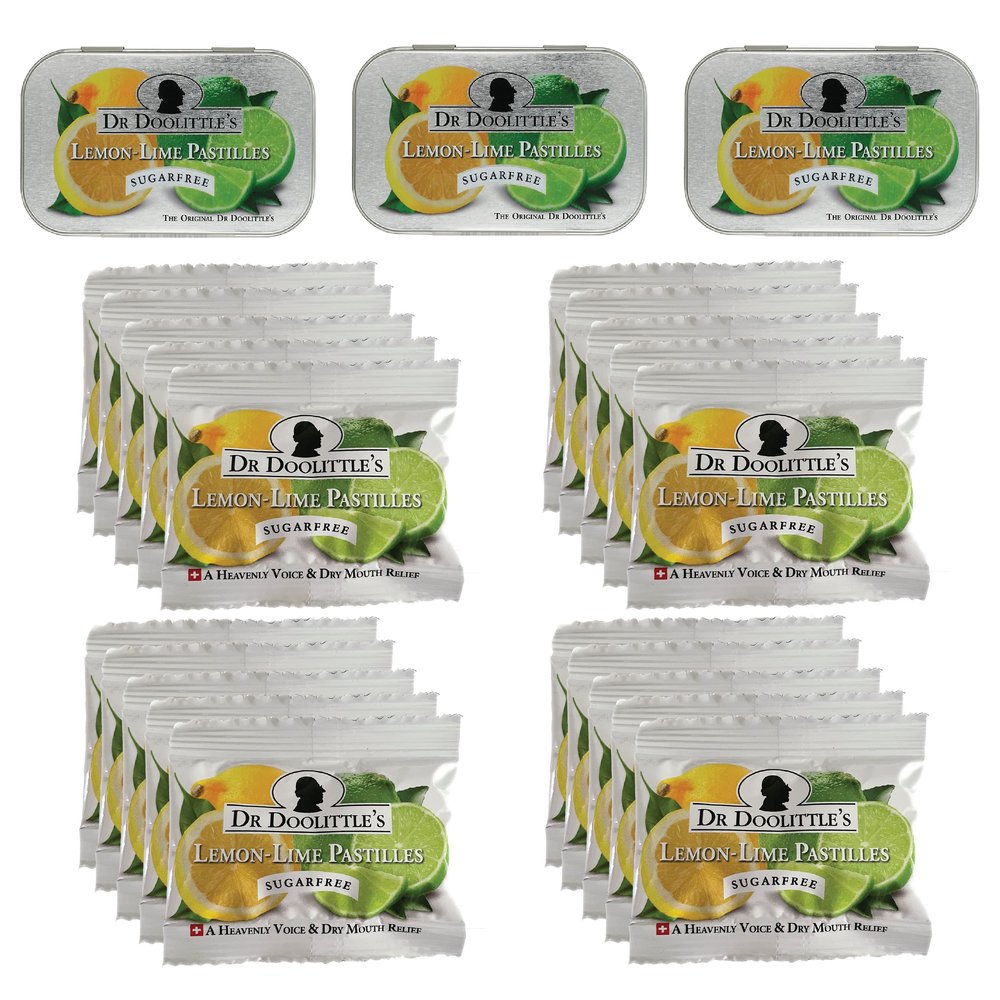 DOOLITTLE Dr Sugar Free Soft Fruit Pastilles for Voice and Throat, Lemon Lime Flavor, Multipack of 2.12 Ounce Tin, 3 Pack and .33 Ounce Travel Size Bag, 20 Pack