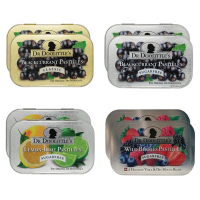 Doolittle Dr Soft Fruit Pastilles Classic and Sugar Free Variety Pack for Voice and Throat, Blackcurrant, Lemon Lime, and Wild Berries, 2.12 Ounce Tin, Approximately 25 Count Package, 8 Pack