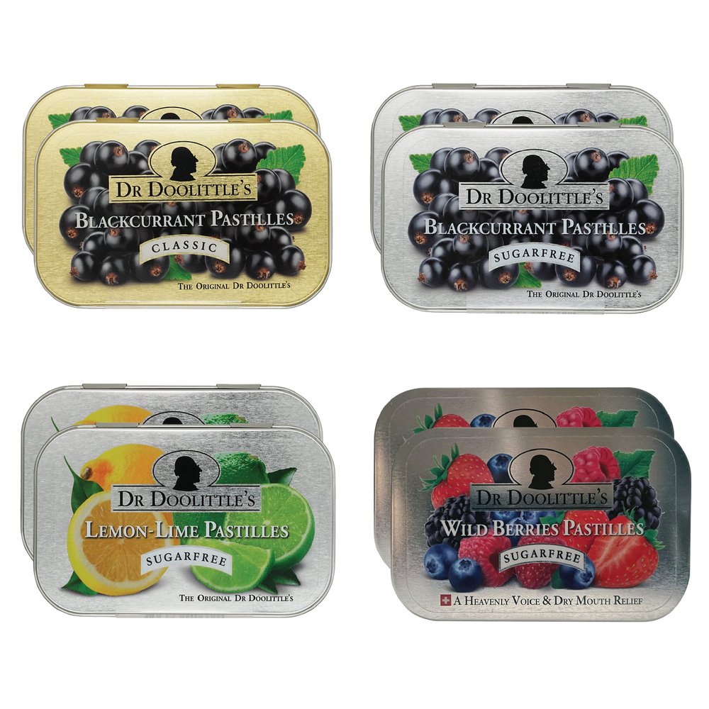 Doolittle Dr Soft Fruit Pastilles Classic and Sugar Free Variety Pack for Voice and Throat, Blackcurrant, Lemon Lime, and Wild Berries, 2.12 Ounce Tin, Approximately 25 Count Package, 8 Pack