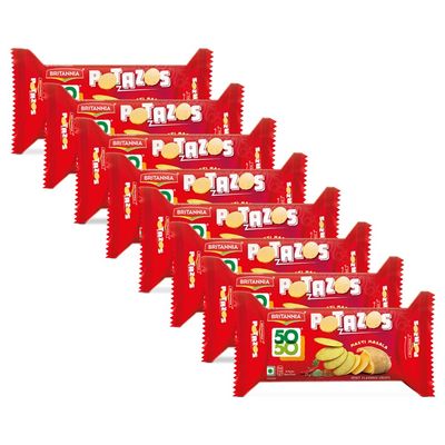 Britannia 50 50 Potazos Masti Masala Spicy Flavored Crisps 3.52oz (100g) - Delicious, Light & Crispy Grocery Cookies (Pack of 8)