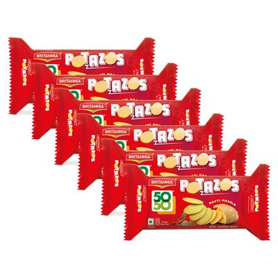 Britannia 50 50 Potazos Masti Masala Spicy Flavored Crisps 3.52oz (100g) - Delicious, Light & Crispy Grocery Cookies (Pack of 6)