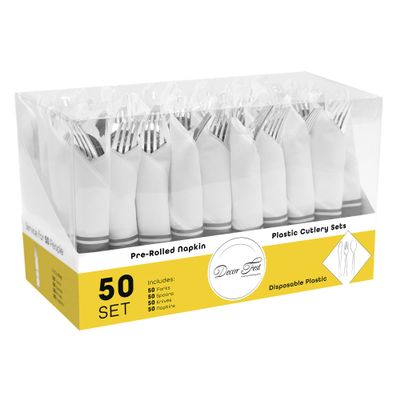 DecorFest Premium Pre-rolled Napkin and Plastic Cutlery Set Flatware Set for Parties, Events, Housewarming & Special Occasions - Set of 50 Silver