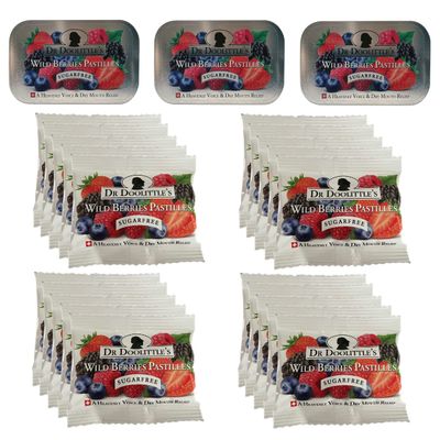 Dr Doolittle's Sugar Free Soft Fruit Pastilles for Voice and Throat, Wild Berries Flavor, Multipack of 2.12 Ounce Tin, 3 Pack and .33 Ounce Travel Size Bag, 20 Pack