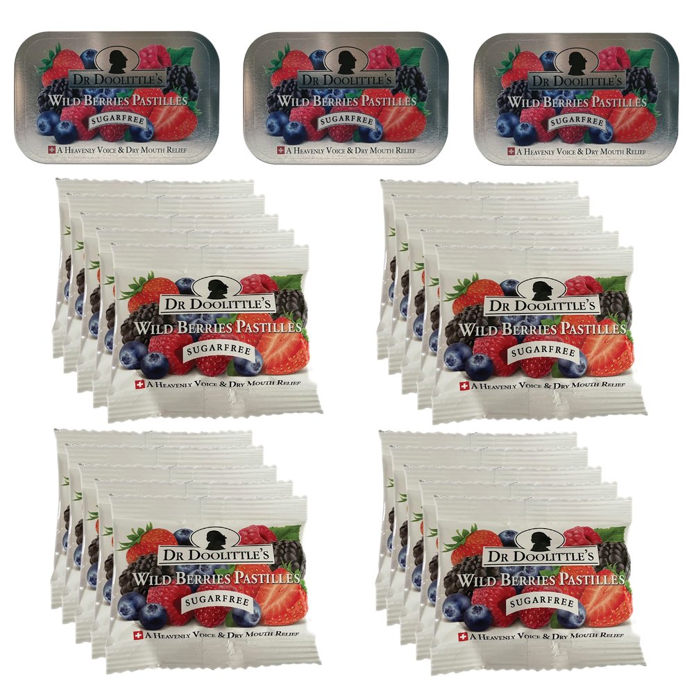 Dr Doolittle's Sugar Free Soft Fruit Pastilles for Voice and Throat, Wild Berries Flavor, Multipack of 2.12 Ounce Tin, 3 Pack and .33 Ounce Travel Size Bag, 20 Pack