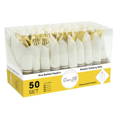 DecorFest Premium Pre-rolled Napkin and Plastic Cutlery Set Flatware Set for Parties, Events, Housewarming & Special Occasions - Set of 50 Gold